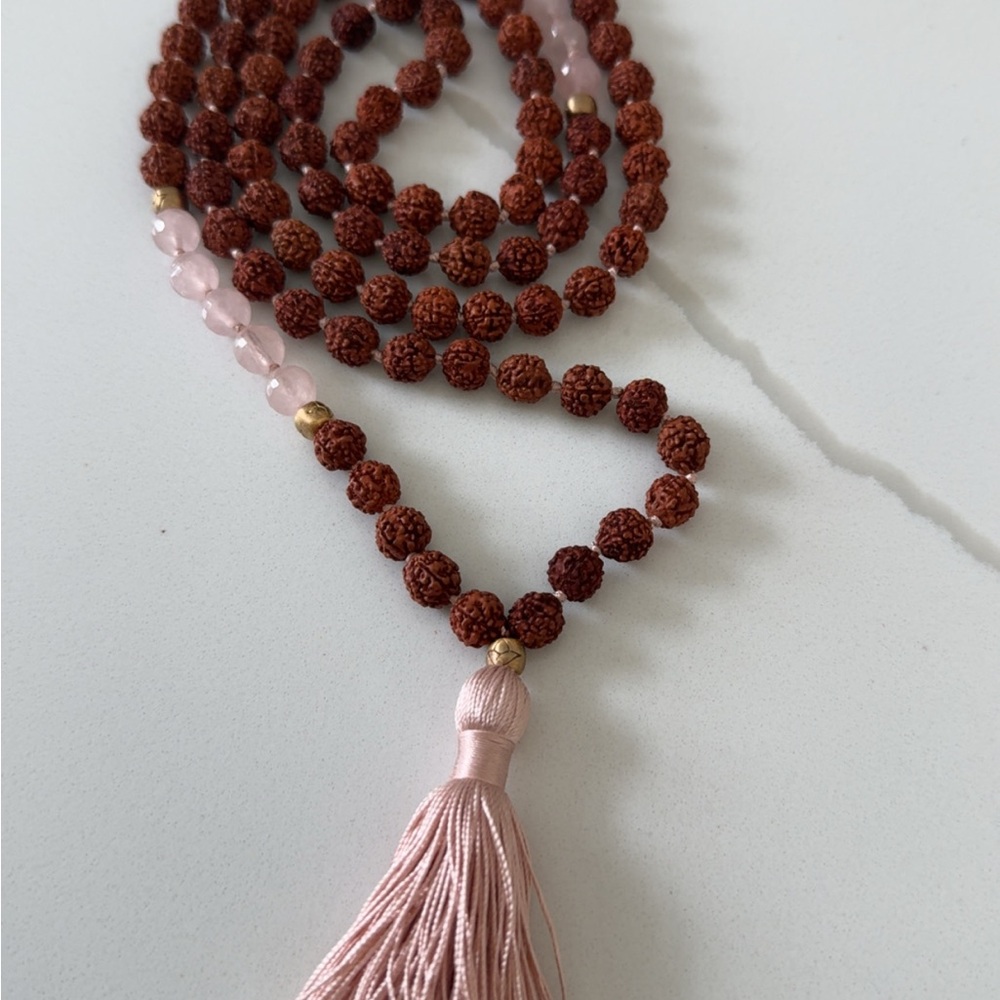 Satya Jewelry Brown Rudraksha & Pink Rose Quartz Tassel Necklace - Picture 3 of 3